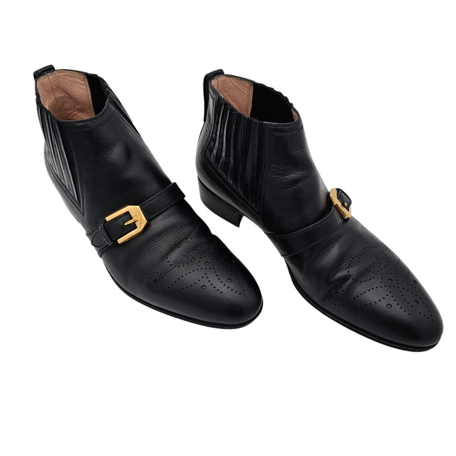 Bottines Chelsea Gucci Worsh en cuir noir pointure 38,5 US 8,5 boucle dorée brogue