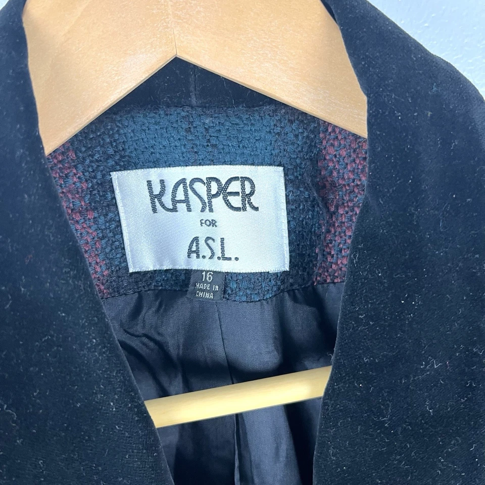 Blazer de Colección Kasper ASL Lana a Cuadros Talla 16 Terciopelo Chal Cuello Botones Dorados Academia Foto 2 de 4