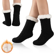 Womens Warm Slipper Socks Winter Knit Fuzzy Cozy Thick Fleece Lined Socks wit...