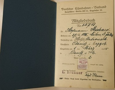 Mitgliedsbuch *Deutscher Eisenbahner-Verband* 1918 mit Marken Oelsnitz/Erzgeb.