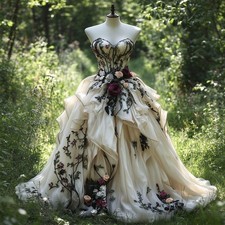 Vintage Champagne Wedding Dress Strapless Ruffles 3D Florals A Line Bridal Gowns