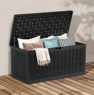 303L Outdoor Resin Garten Aufbewahrungsbox, Abschließbarer Deckel, Wasserdicht Terrassenbox, Schwarz
