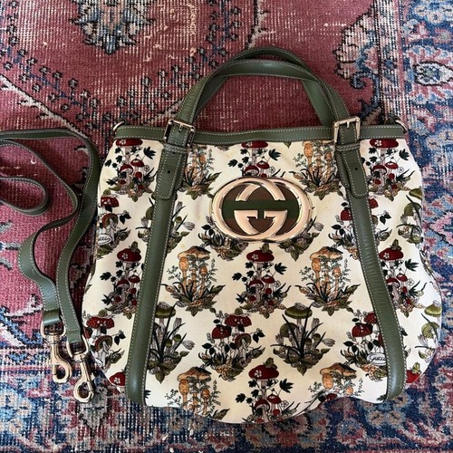 Vintage GUCCI Mushroom Botanical 2Way Shoulder Bag Off White Green Auth