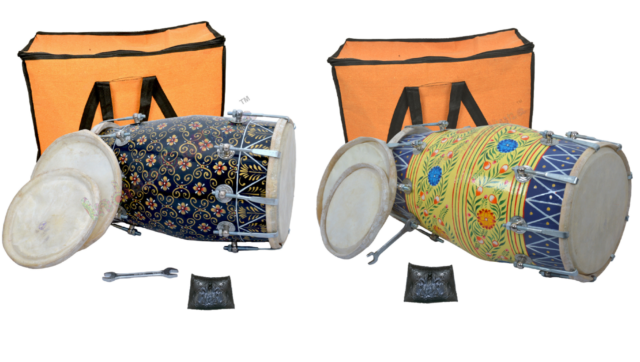 Indian Handmade Folk Musical Instrument Printed Nut & Bolt Dholak With Bag