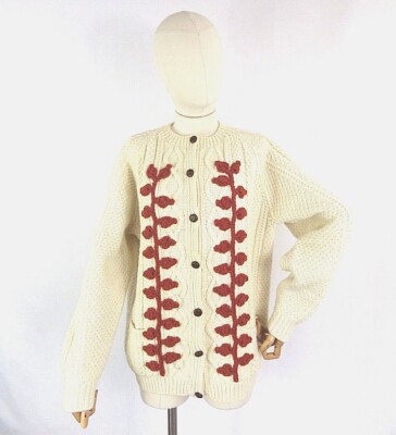Vintage Creme Elfenbein Rustikal Grob Zopfmuster Aran Strick Wolle Pullover Cardigan L 18