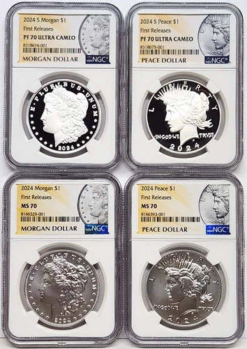 4 coin set 2024 morgan and peace silver dollars ngc ms pf 70 fr  In Hand