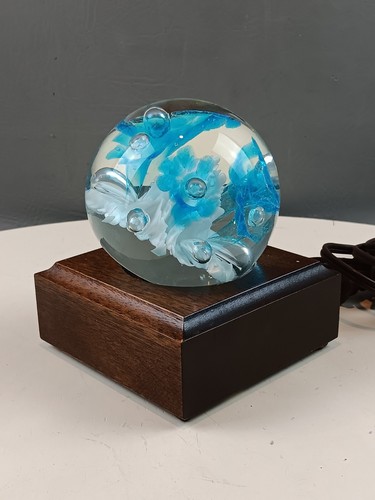VTG Joe Rice Art Glass Paperweight W/ Wood Lighted Stand Blue White Flowers 1998 - Picture 11 of 18