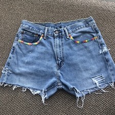 Levi  s 505 Cut Off Denim Jean Shorts Frayed Destroyed Festival Rainbow Size 32