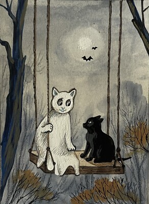 5x7 print OF PAINTING HALLOWEEN RYTA Black Cat Ghost Fall Decor Folk Art Haunted