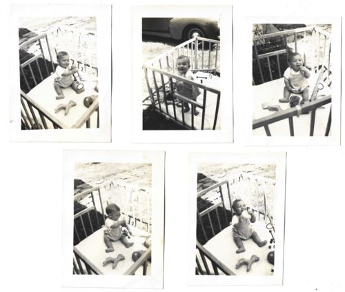 5 Vintage Photo Lot Cute Baby Outdoors * Wooden Playpen * Abacus Toys Teething - Picture 1 of 1