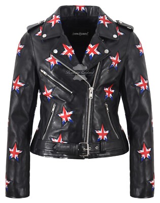 Damen Biker Lederjacke im Brando Style mit britischer Flagge Stern Patches Jacke