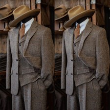 Brown Men's Suits Herringbone Tweed Formal Wedding Casual Warm Coat Pant Vests
