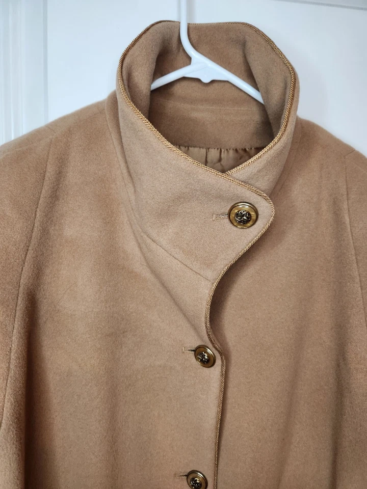 Casaco de lã DENNIS BASSO camelo bronzeado forrado de cashmere feminino tamanho M dinheiro antigo anos 70 novo - Imagem 2 de 4