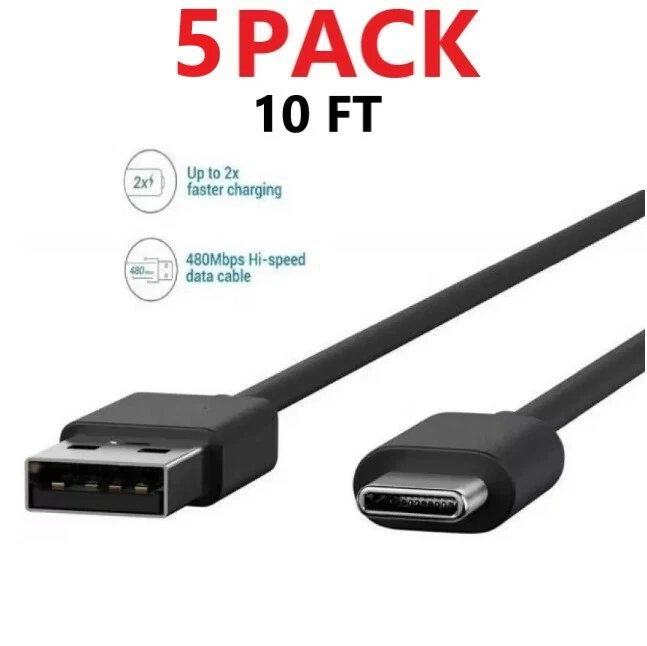 Paquete de 5 cables de carga rápida de 10 pies tipo C USB-C para Samsung Galaxy A20 A30 A50 Foto 2 de 2