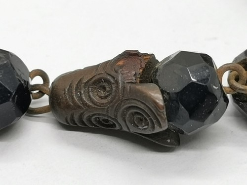 Vtg c1900 Steel Bead, Carved Wood & Black Jet Mourning Pocket Watch Albert Chain - Picture 10 of 12
