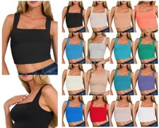 Cotton Square Neck Fitted Cropped Sleeveless Tank Top