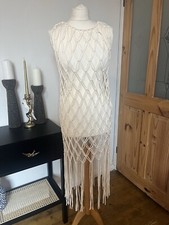 ZARA IVORY ECRU MACRAME MIDI KNOTTED DRESS WITH FRINGED HEM SIZE M BNWT