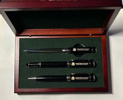 DEPARTMENT OF STATE METAL BALL , ROLLER BALL PEN W/ L. OPENER IN LUXURY WOOD BOX