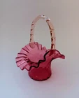Vintage Fenton 1950s Cranberry Glass Ruffled Edge Basket W/Applied Handle 7"