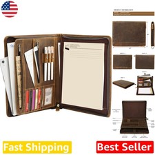 Full Grain Leather Zippered Portfolio A4 Padfolio - Vintage Brown Business Or...