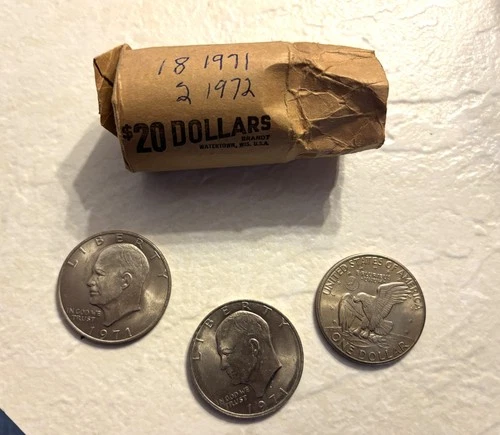 Eisenhauer Silver Dollars, roll of 20, 18 - 1971 and 2 - 1972, good condition