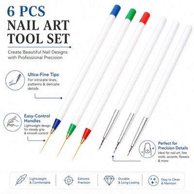 6-Pack Nail Art Liner Brush Set Precision Drawing Dotting Striping Pens Brushes