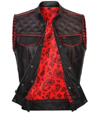 Men Black Leather Motorcycle Vest Diamond Stitch Biker Waistcoat - Red Lining