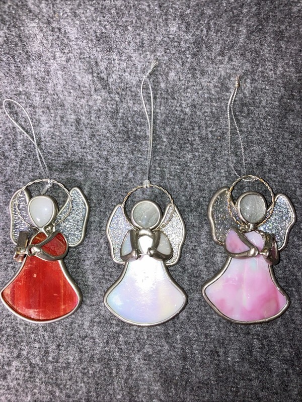 Set Of 3 3 Inch Red White And Pink Stained Glass Angel Ornaments