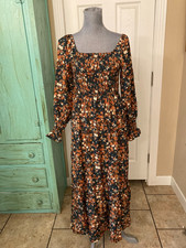 WOMENS FLORAL PUFF SLEEVE, SMOCKED BODICE, RUFFLE, MAXI DRESS, SMALL