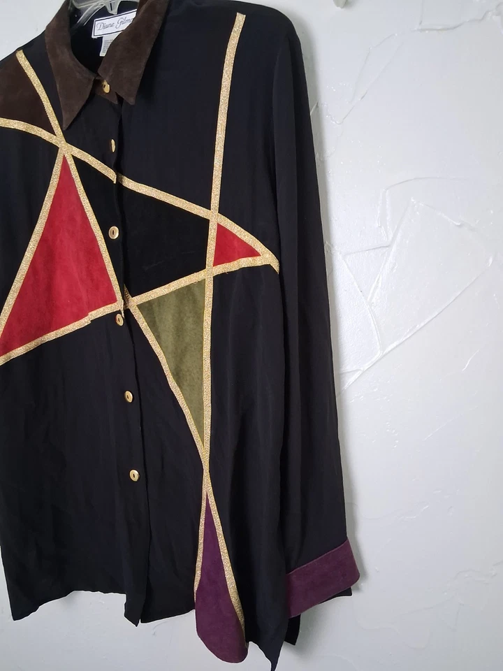 Blusa De Colección Diane Gilman Seda Gamuza Parches Puños Cuello Borde Dorado Talla Grande Foto 4 de 4