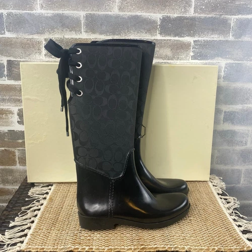 Stivali da pioggia Coach Tristee stringati corsetto stampa firma logo nero donna 9