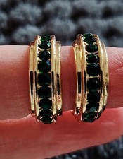 Yellow Gold Tone Green Emerald Channel-Set Hoop Earrings Latch Back