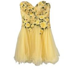 VTG Y2K Sherri Hill Yellow Sequin Floral Mini Dress 4 Corset Back Prom Fairy