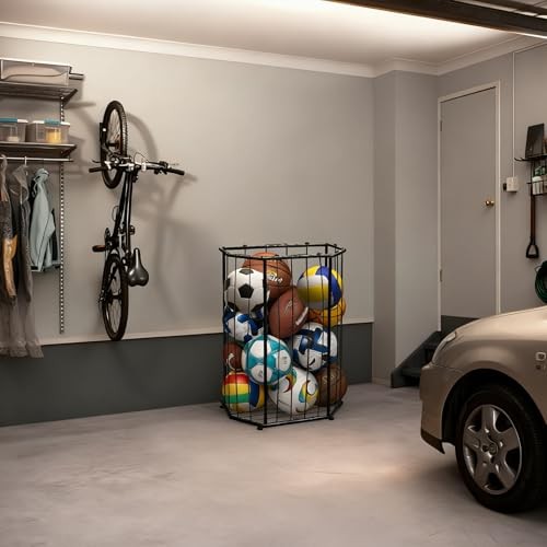 Garage Ball Storage Holder,Elastic Cord Design Can Floor-Standing & Wall Black