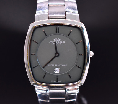 Vtg ONISS PARIS Swiss Watch Men Cushion Y2K Date Cushion Case Dress NEW BATTERY