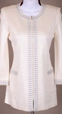 ST.JOHN Women's Cream Sequins Metallic Silver Rhinestone Trim Long Jacket Sz 4