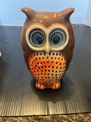 Vintage Ceramic Robroy Coin Bank Owl Be Wise Save 7'' Japan Some Chips See Pics