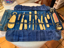 Antique Manicure Set 1900's Leather Blue Satin Case "French Ivory" Celluloid