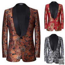 Men Floral Jacquard Tuxedo Jackets Suit Blazer Single-Breasted Coat Tops Vintage