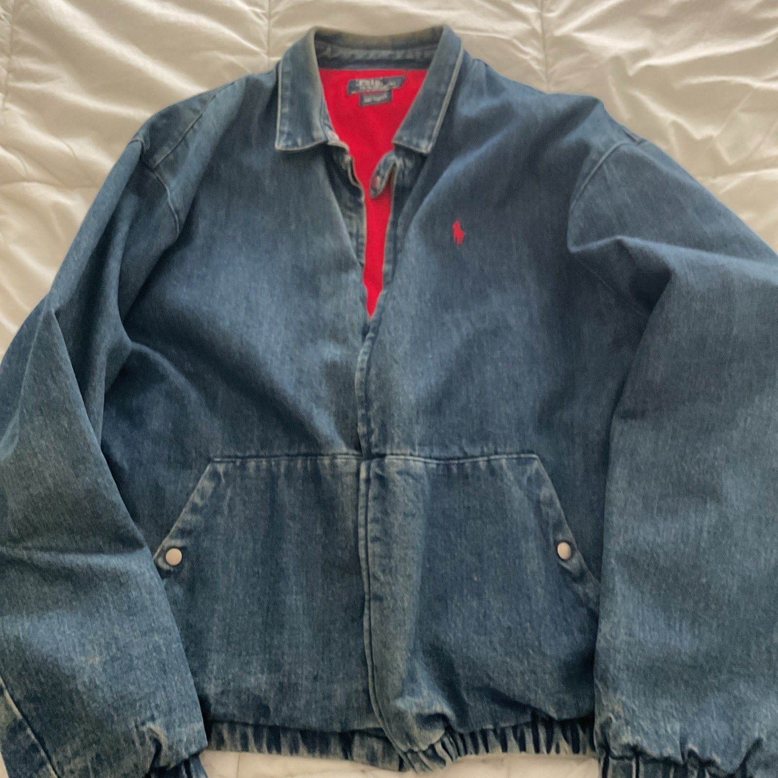 Vintage Polo Ralph Lauren Denim Bomber Jacket Men Medium Blue Fleece Lined 90s