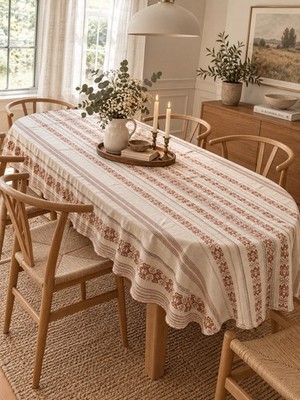 Vintage Scandinavian Woven Oval Tablecloth 4 Napkins Brown Beige 84x55 Linen