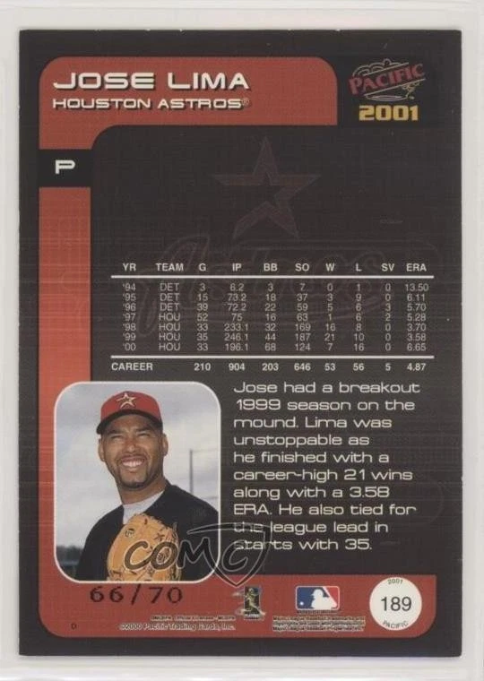 2001 Pacific Hobby LTD /70 Jose Lima #189 - Image 2 of 2