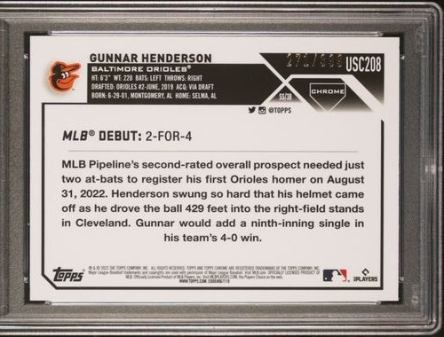 2023 Topps Chrome Upd Rookie /399 Magenta #USC208 Gunnar Henderson RC SP PSA 9 view 6