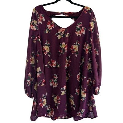 Entro S Small Plum Floral Watercolor Long Sleeve Shift Dress Tunic Boho