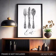 Grey Cutlery Watercolour Kitchen Print - Dining Room Wall Art Ideas