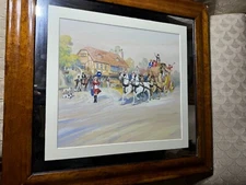 Vintage "Tavern And Stagecoach Landscape Scene" Gouache Painting - Framed