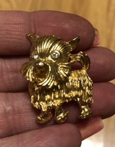 Authentic Gold Plated Scottie Dog Brooch Diamond Gems Eyes