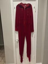 Hoodie Footie One Piece Pajamas Red Velour Velvet Comfy Cozy Removable Feet