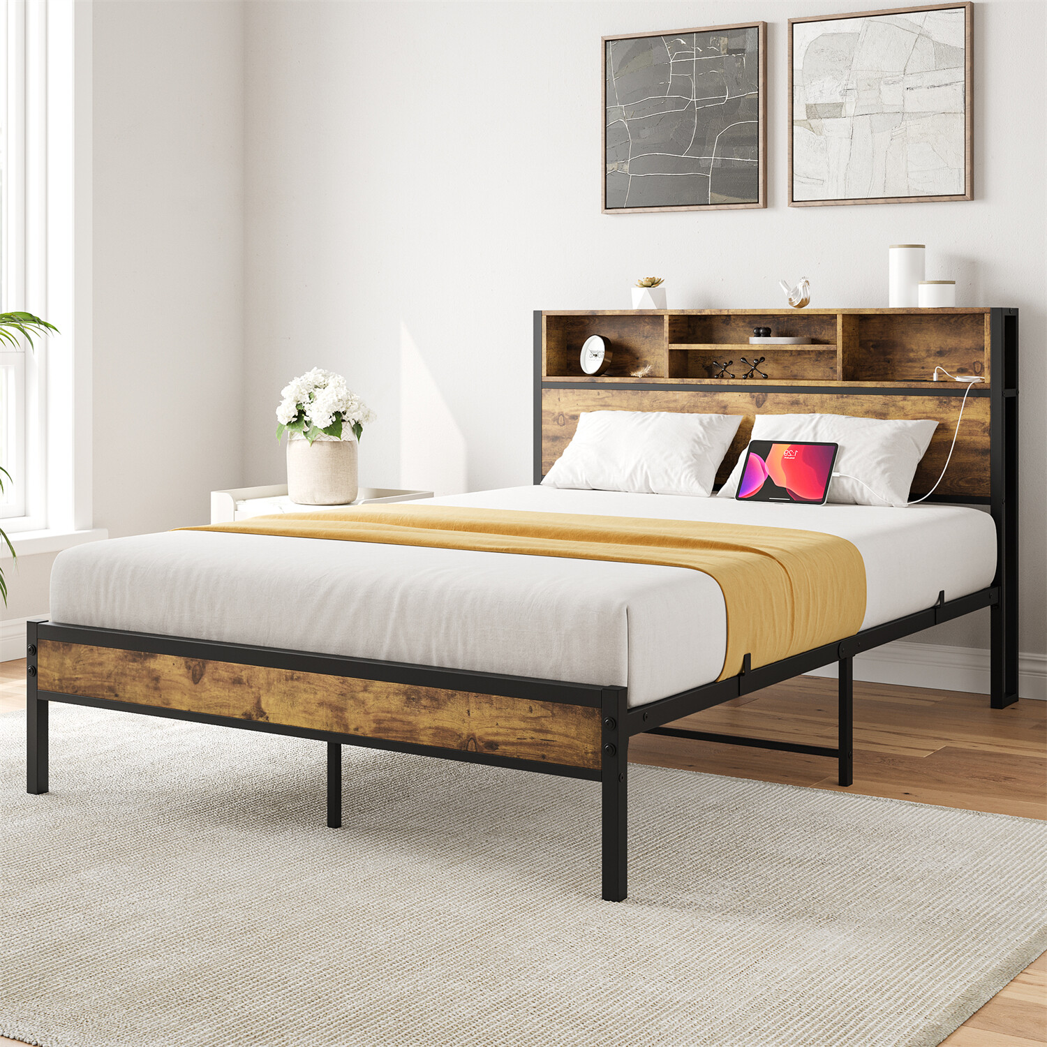 Full/Queen Size Bed Frame Metal Platform Bed w/ Storage Headboard and USB Port