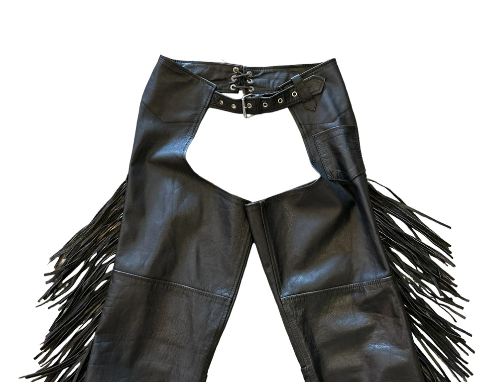 Vintage Silver Hawk Black Leather Motorcycle Equestrian Chaps Fringe USA Medium - Image 3 of 4